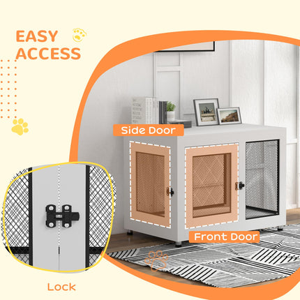 2-in-1 Large Dog Cage & Side Table with Two Doors and Cushion - White & Black