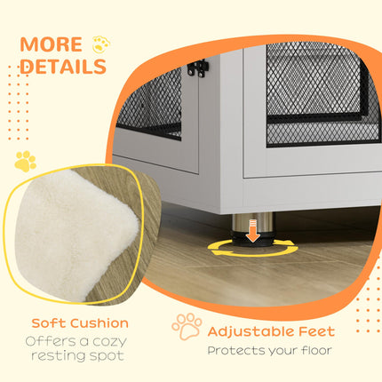 2-in-1 Large Dog Cage & Side Table with Two Doors and Cushion - White & Black
