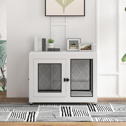 2-in-1 Large Dog Cage & Side Table with Two Doors and Cushion - White & Black