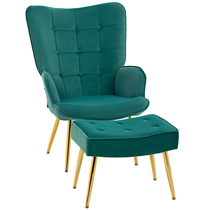 Modern Upholstered Armchair and Footstool Set - Dark Green