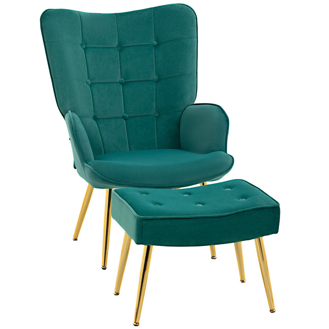 Modern Upholstered Armchair and Footstool Set - Dark Green