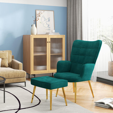 Modern Upholstered Armchair and Footstool Set - Dark Green