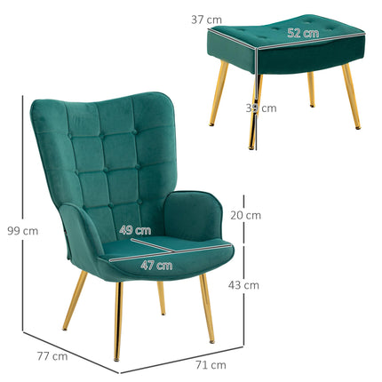 Modern Upholstered Armchair and Footstool Set - Dark Green
