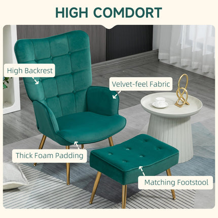 Modern Upholstered Armchair and Footstool Set - Dark Green