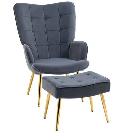 Modern Upholstered Wingback Armchair and Footstool Set with Gold Legs - Dark Grey