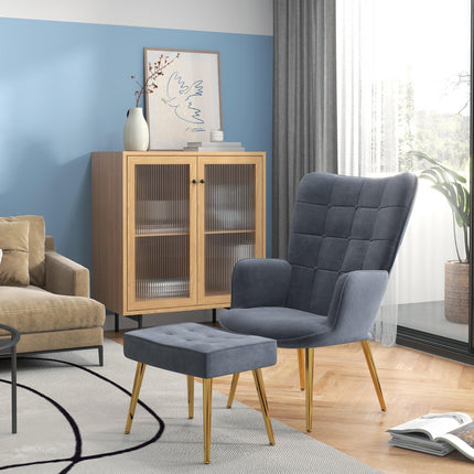 Modern Upholstered Wingback Armchair and Footstool Set with Gold Legs - Dark Grey