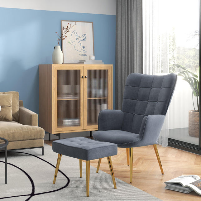 Modern Upholstered Wingback Armchair and Footstool Set with Gold Legs - Dark Grey