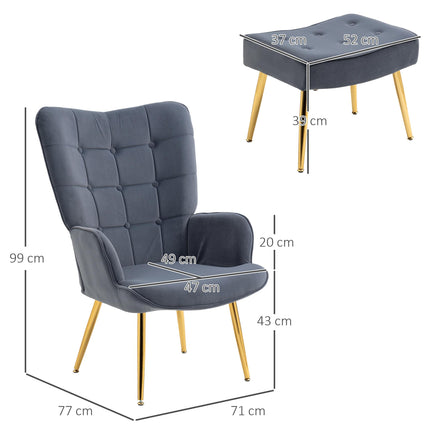 Modern Upholstered Wingback Armchair and Footstool Set with Gold Legs - Dark Grey