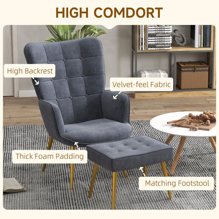Modern Upholstered Wingback Armchair and Footstool Set with Gold Legs - Dark Grey