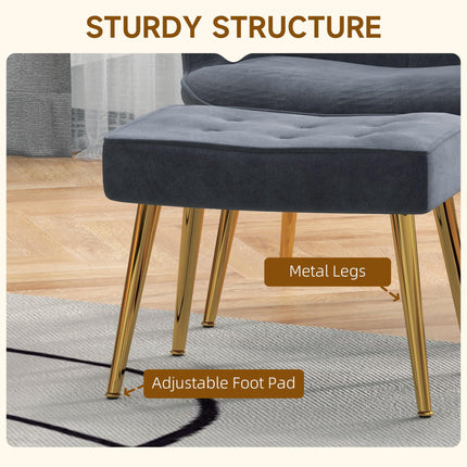 Modern Upholstered Wingback Armchair and Footstool Set with Gold Legs - Dark Grey