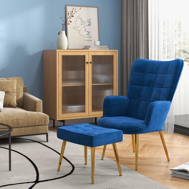 Modern Upholstered Wingback Armchair and Footstool Set - Dark Blue