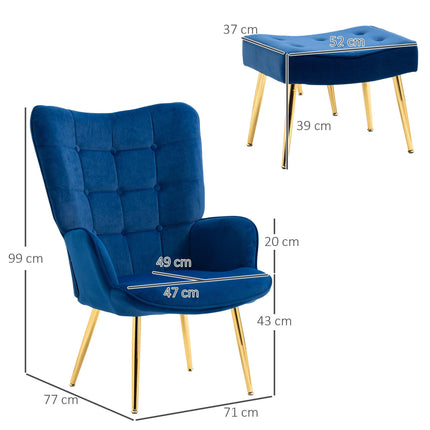 Modern Upholstered Wingback Armchair and Footstool Set - Dark Blue