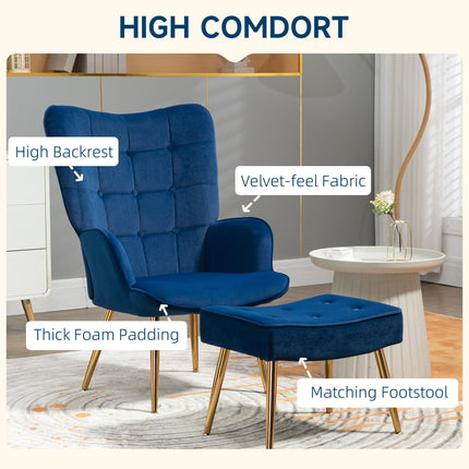Modern Upholstered Wingback Armchair and Footstool Set - Dark Blue
