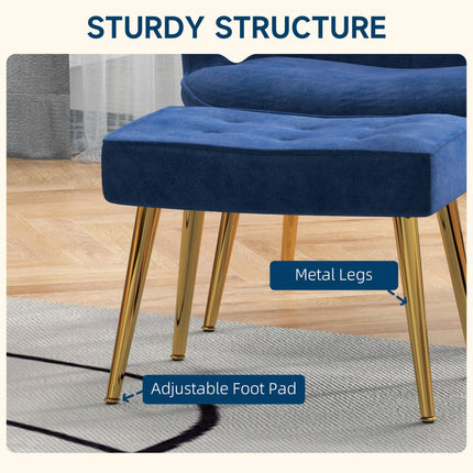 Modern Upholstered Wingback Armchair and Footstool Set - Dark Blue