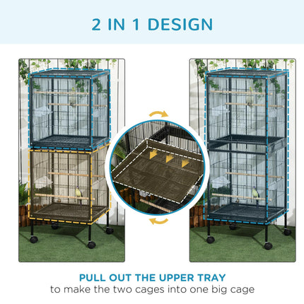 Bird Cage Budgie Cage 2 In 1 Large Aviary with Wheels Removable Trays for Finch Canaries Cockatiels Black