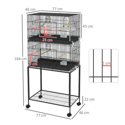 Two-Tier Bird Cage on Wheels, with Stand, for Small Birds