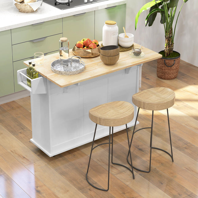 Kitchen Island with Drop Leaf, Rolling Kitchen Storage Trolley on Wheels with 3 Drawers, Spice Rack and Towel Rack, Storage Cart with Rubber Wood Top, White