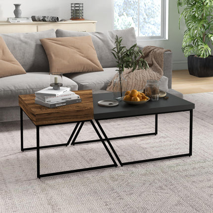 Geometric Industrial Coffee Table Set of 2 with Steel Frame and Spacious Legroom - Black & Rustic Brown