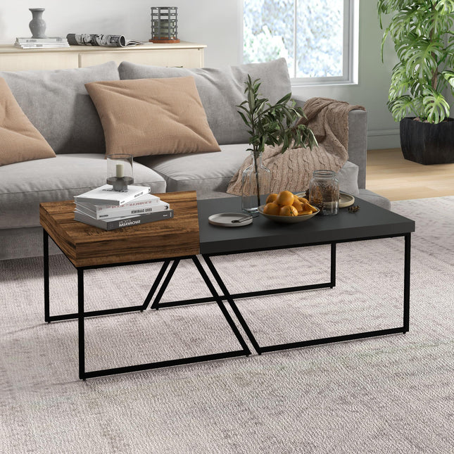 Geometric Industrial Coffee Table Set of 2 with Steel Frame and Spacious Legroom - Black & Rustic Brown