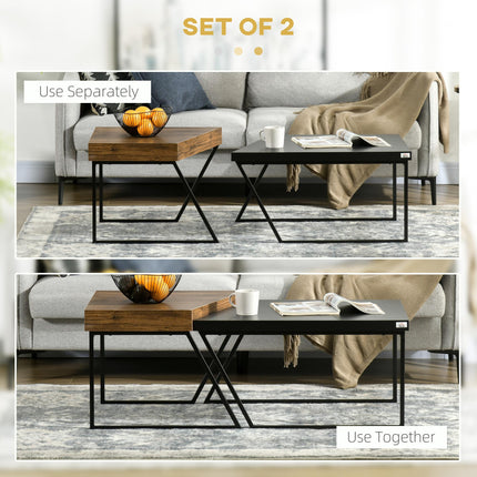 Geometric Industrial Coffee Table Set of 2 with Steel Frame and Spacious Legroom - Black & Rustic Brown