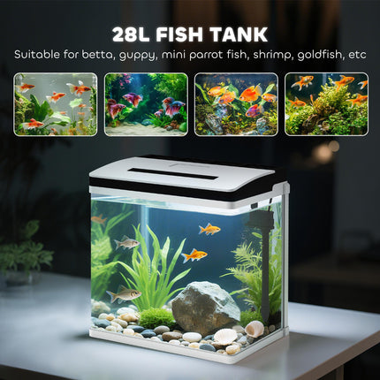 28L Glass Aquarium Fish Tank with LED Lighting and Filter for Betta, Guppy, Shrimp - White