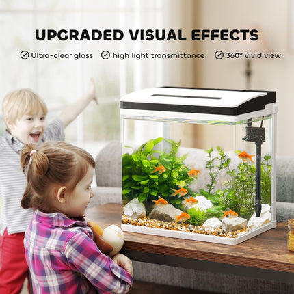 28L Glass Aquarium Fish Tank with LED Lighting and Filter for Betta, Guppy, Shrimp - White