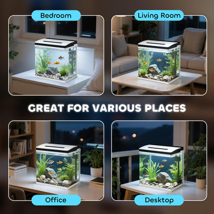 28L Glass Aquarium Fish Tank with LED Lighting and Filter for Betta, Guppy, Shrimp - White