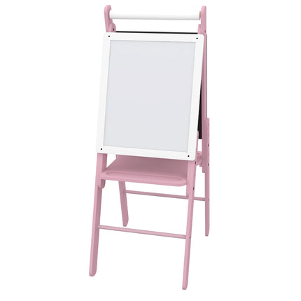 3 in 1 Kids Art Easel with Paper Roll, Adjustable Double-Sided Whiteboard & Chalkboard for Ages 3-6 - Pink White Black