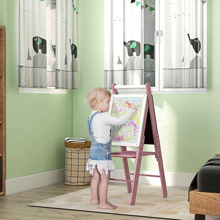 3 in 1 Kids Art Easel with Paper Roll, Adjustable Double-Sided Whiteboard & Chalkboard for Ages 3-6 - Pink White Black