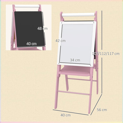 3 in 1 Kids Art Easel with Paper Roll, Adjustable Double-Sided Whiteboard & Chalkboard for Ages 3-6 - Pink White Black