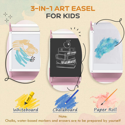 3 in 1 Kids Art Easel with Paper Roll, Adjustable Double-Sided Whiteboard & Chalkboard for Ages 3-6 - Pink White Black