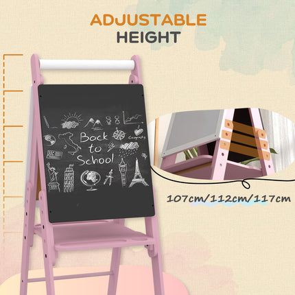 3 in 1 Kids Art Easel with Paper Roll, Adjustable Double-Sided Whiteboard & Chalkboard for Ages 3-6 - Pink White Black