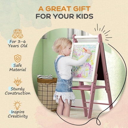 3 in 1 Kids Art Easel with Paper Roll, Adjustable Double-Sided Whiteboard & Chalkboard for Ages 3-6 - Pink White Black
