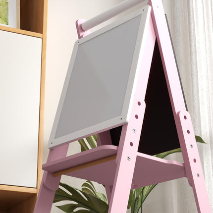 3 in 1 Kids Art Easel with Paper Roll, Adjustable Double-Sided Whiteboard & Chalkboard for Ages 3-6 - Pink White Black