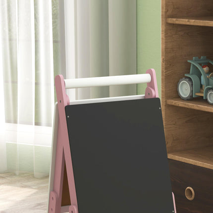 3 in 1 Kids Art Easel with Paper Roll, Adjustable Double-Sided Whiteboard & Chalkboard for Ages 3-6 - Pink White Black