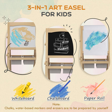 3 in 1 Kids Art Easel with Paper Roll and Storage Baskets - Natural Wood