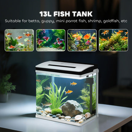 13L Glass Aquarium Fish Tank with Filter and LED Lighting for Betta, Guppy, Shrimp - White
