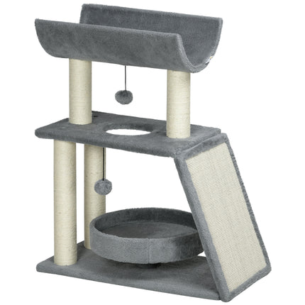 Cat Tree Tower with Scratching Posts, Bed, Perch & Toy Ball - Light Grey