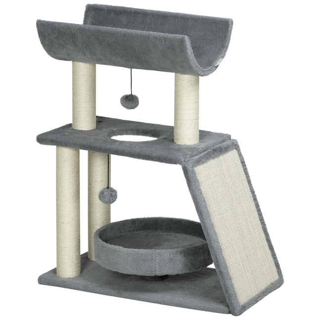Cat Tree Tower with Scratching Posts, Bed, Perch & Toy Ball - Light Grey
