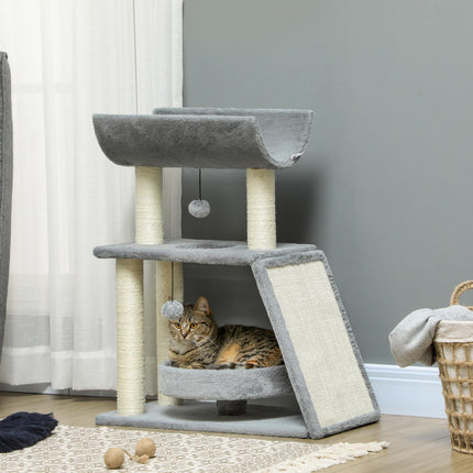 Cat Tree Tower with Scratching Posts, Bed, Perch & Toy Ball - Light Grey