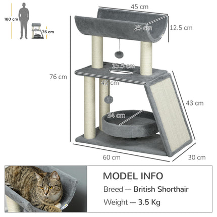 Cat Tree Tower with Scratching Posts, Bed, Perch & Toy Ball - Light Grey