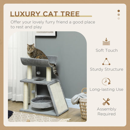 Cat Tree Tower with Scratching Posts, Bed, Perch & Toy Ball - Light Grey