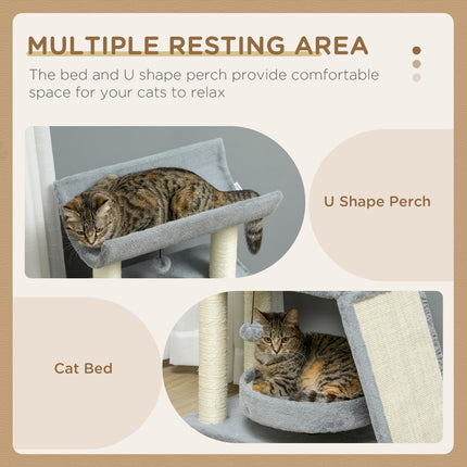 Cat Tree Tower with Scratching Posts, Bed, Perch & Toy Ball - Light Grey