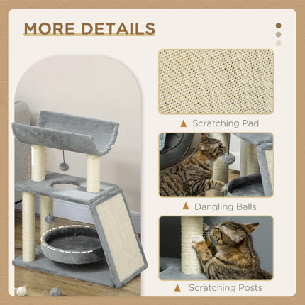 Cat Tree Tower with Scratching Posts, Bed, Perch & Toy Ball - Light Grey