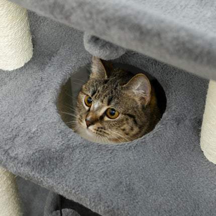 Cat Tree Tower with Scratching Posts, Bed, Perch & Toy Ball - Light Grey