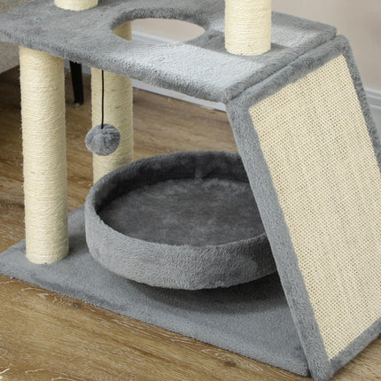 Cat Tree Tower with Scratching Posts, Bed, Perch & Toy Ball - Light Grey
