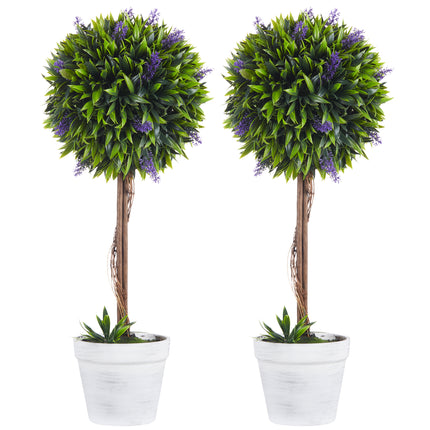 Set of 2 Decorative Artificial Ball Trees with Lavender Flowers in Pot 60cm - Green