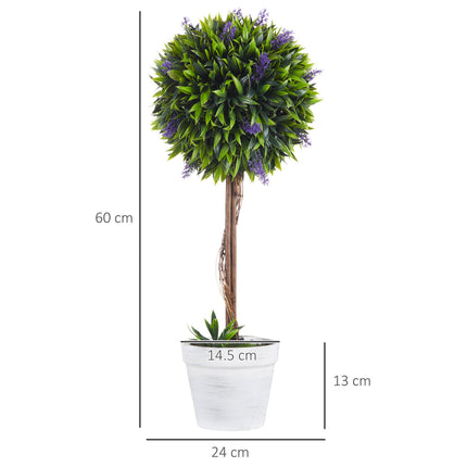 Set of 2 Decorative Artificial Ball Trees with Lavender Flowers in Pot 60cm - Green