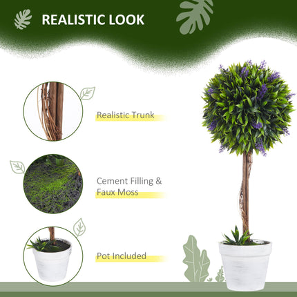 Set of 2 Decorative Artificial Ball Trees with Lavender Flowers in Pot 60cm - Green