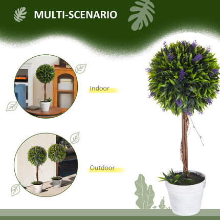 Set of 2 Decorative Artificial Ball Trees with Lavender Flowers in Pot 60cm - Green